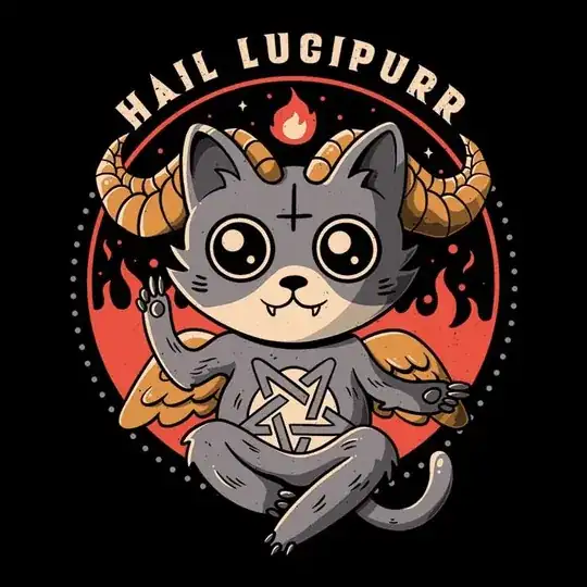 Hail Lucipurr. Shows a cat with horns and a pentagram on its chest