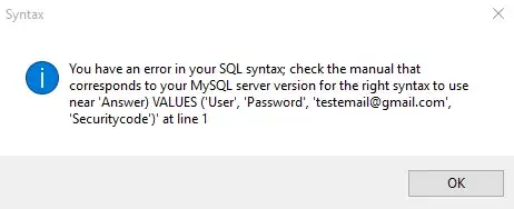 screenshot of the error