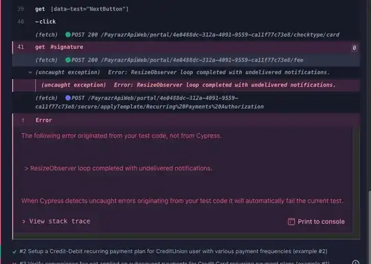 SS of the error I'm getting when trying to get element and use cy.type() command.