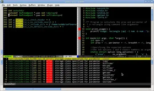 vim: left pane , my vimrc, right pane: c code