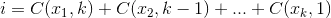 i = C(x_1,k) + C(x_2,k-1) + ... + C(x_k,1)