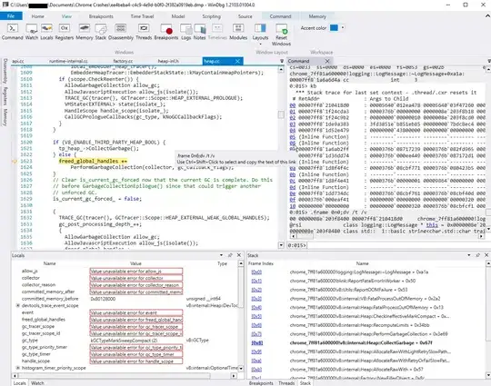 WinDbg.exe Windows Store Edition with a Chrome crash dump .dmp file and the chromium symbols loaded