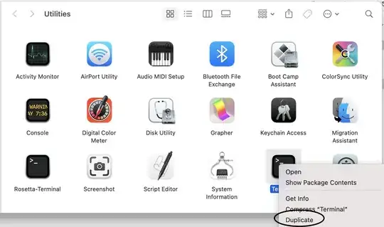 Picture depicting the Application/Utilities directory and right clicking on the "Terminal" application and highlighting the "Duplicate" option