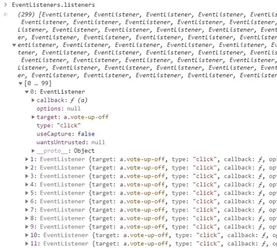 screenshot of console listing all event listeners in this page