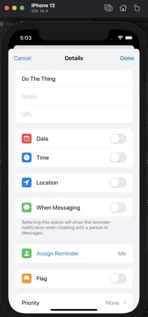 Example of the Reminders App detail where Assign Person
