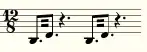 LilyPond output: incomplete bar of 12, with two tremolo figures separated by dotted crotchet rests, each figure represented as pairs of quavers with two extra truncated beams. NB: bar is incomplete