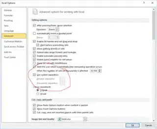 separators in Excel Options