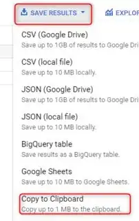 save results of query to clipboard
