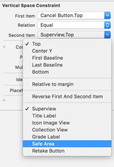 xcode storyboard set safe area constraint