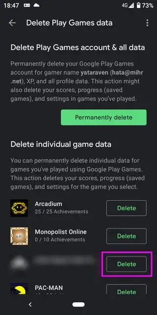 Select the testing game from the Delete individual game data section