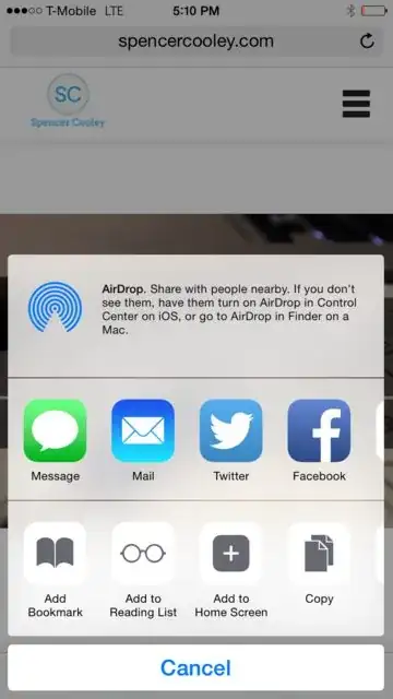 screenshot of website with share popup