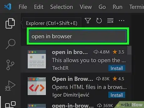 Step 3 Digite open in browser na barra de pesquisa, mais acima e à esquerda, no menu “Extensões”.