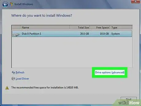 Step 8 Na tela “Onde você quer instalar o Windows”, clique em Opções do disco (avançado).