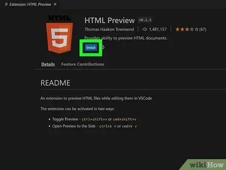 Step 5 Selecione Install (Instalar), na seção “HTML Preview”, na página de informações à direita do menu de extensões.