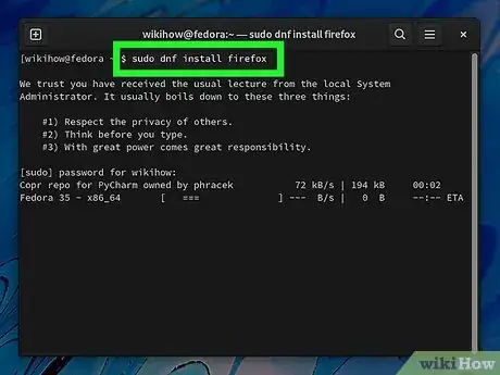Step 4 Agora digite sudo dnf install [nome do app] e aperte ↵ Enter (versão Red Hat).
