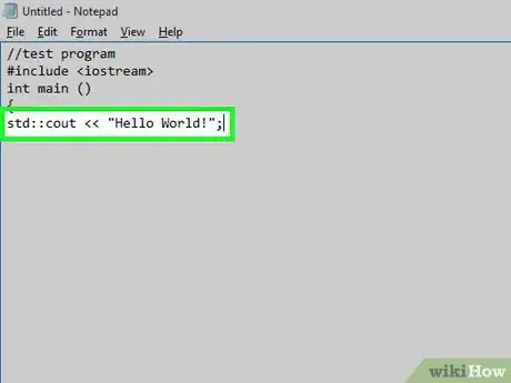 Step 7 Digite std::cout << "Olá, mundo!"; e pressione a tecla ↵ Enter.
