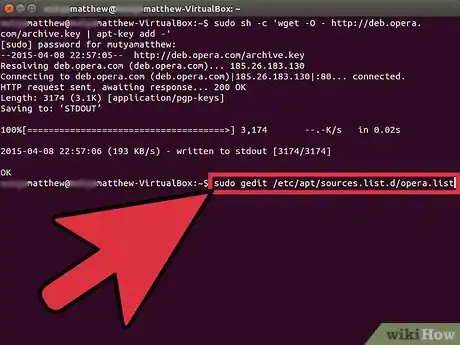 Step 3 Agora, para adicionar o repositório do Opera, digite ou use o método copiar/colar para adicionar o seguinte comando: