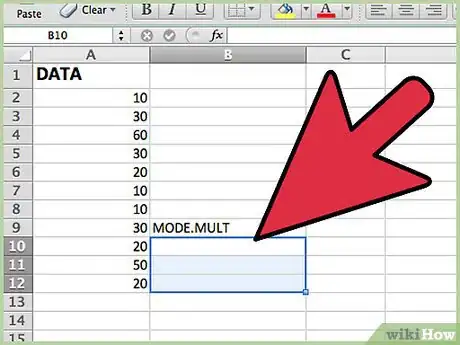 Step 2 Selecione um intervalo de células iguais ao número de modas que deseja localizar no conjunto de dados.