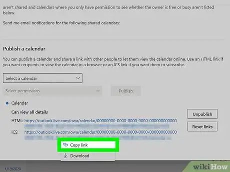Step 9 Clique no link "ICS" e selecione Copiar link na segunda fileira de links no final da página.