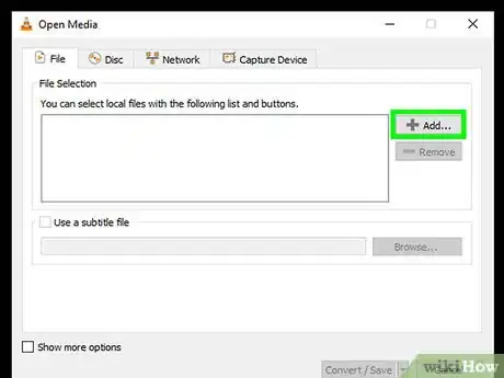 Step 5 Clique em + Adicionar à direita da caixa de seleção de arquivo no VLC.